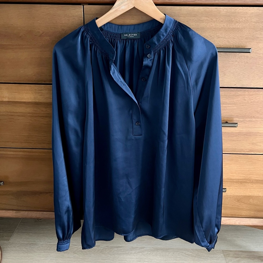 Navy Blue Satin Blouse